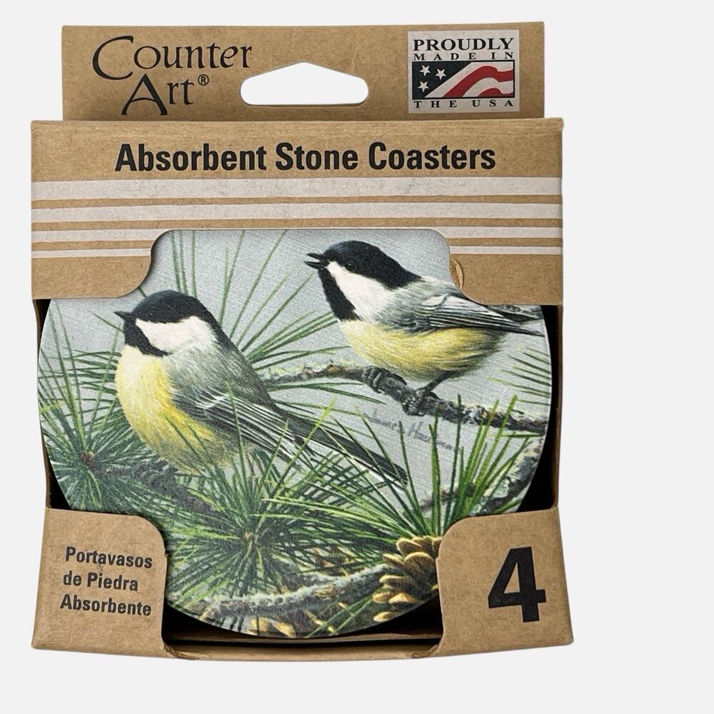 Coasters Set 4 Counter Art Chickadee Birds Pine Tree Absorbent Stone Cork Back